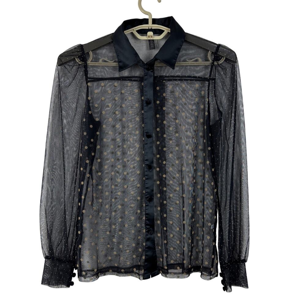 Intimissimi Sheer Mesh Button Up Shirt Blouse Small Black Polka Dot